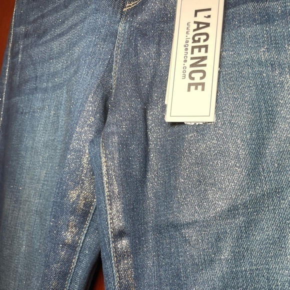 L'AGENCE El Matador Glitter-Coated Stretch Slim-Fit Jeans 32 Blue Raw Hem - Picture 3 of 16